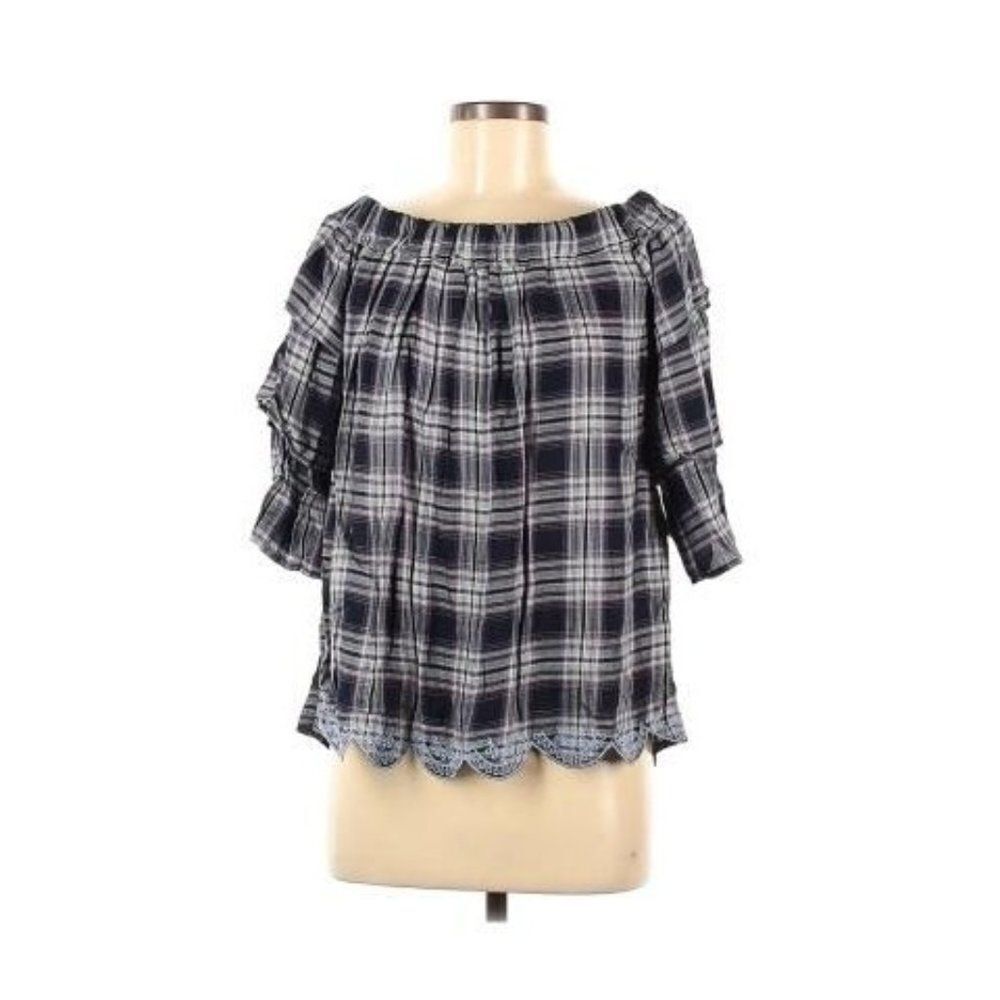 Francesca's Blue Rain Plaid Off Shoulder Ruffle Sleeve Blouse Navy Medium NWT